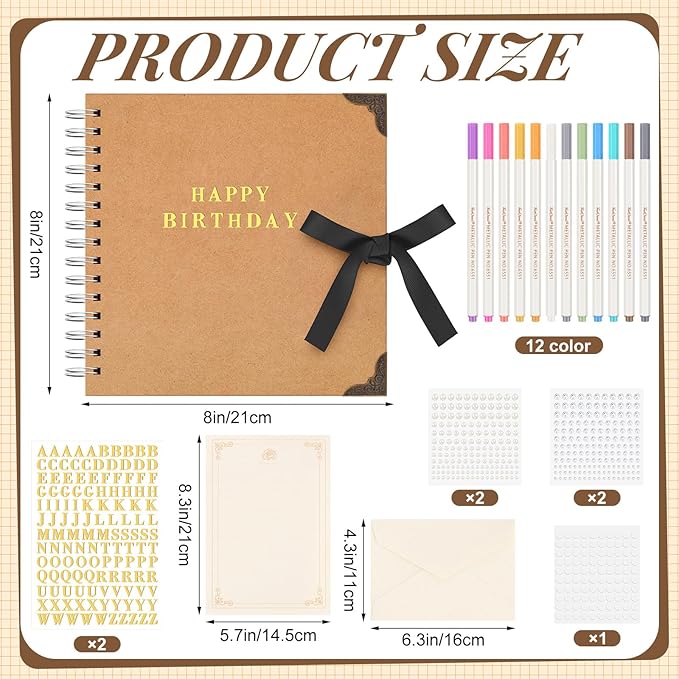 8 x 8 Inch Birthday Guestbook Scrapbook DIY Happy Birthday Photo Album Guest Book Sign with Pens, Envelope, Letter Paper, Pearl Stickers, Metallic Letters