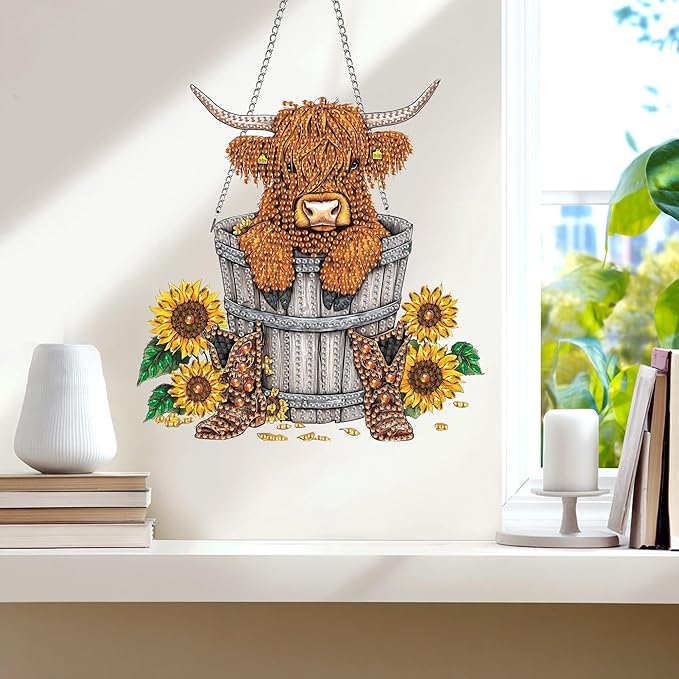 Wergund 5D DIY Cow Diamond Art Hanging Kits, Hanging Diamond Art Sunflower, Acrylic Special Shaped Rhinestone, Window Hanging Pendants for Home Wall Garden Front Door Outdoor Decor Gift(Cow)