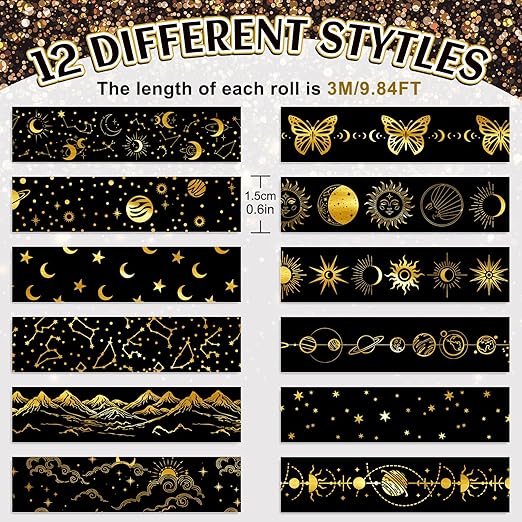Whaline 12 Rolls Gold Foil Galaxy Washi Tape Black Gold Sun Moon Star Masking Tape Set Decorative Wrapping Paper Tapes for Scrapbook Journal DIY Art Crafts
