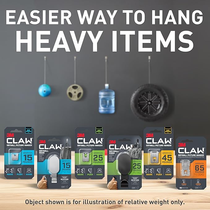3M CLAW(TM) 15 lb. Drywall Picture Hanger With Spot Marker, Heavyweight Hanging Solution for Room Decor and Office Space Decor, Including Mirrors or Large Art – 6 Pack