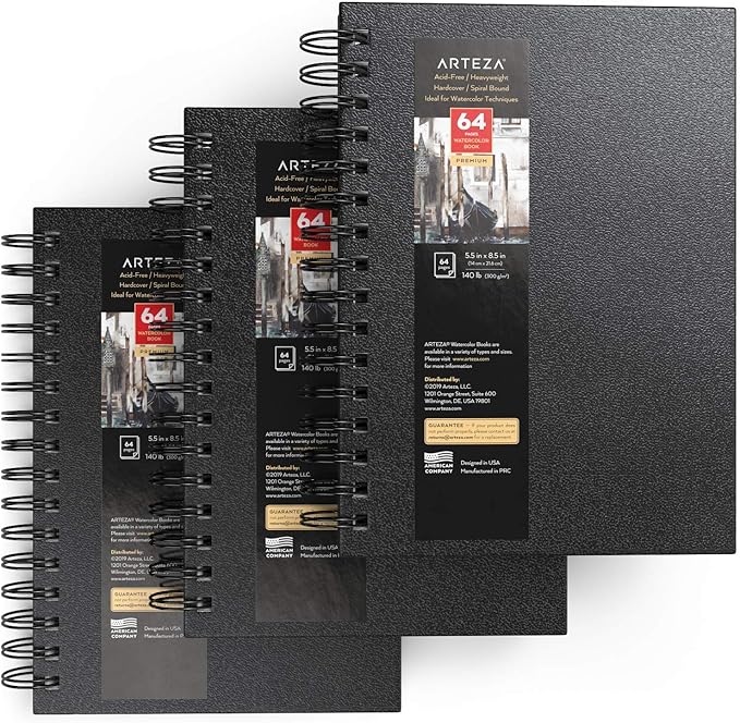 ARTEZA Watercolor Sketchbook Set, 3-Pack, 64 Pages per Book, 5.5 x 8.5 Inches, Black Hardcover Spiral Notebooks, 140-Pound Premium Watercolor Paper for Artists