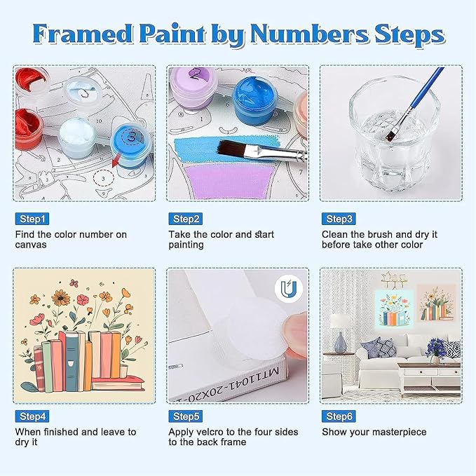 Canrichshop 4 Pcs Book Paint by Numbers Kit for Adults & Ages Over 12,Framed Books Adults' Paint-by-Number Kits, DIY Painting by Numbers for Adults Flowers for Decor Present 8X 8 in