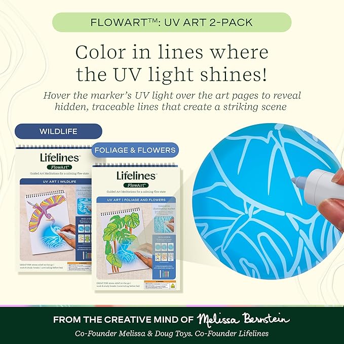 Lifelines FlowArt Activity Pads, UV Art 2-Pack - Guided Art Meditations + Illuminating Markers - 10 Markers, 40 Scenes & Bonus Scenes - Color by UV Light Coloring Books for Tweens, Adults & Seniors