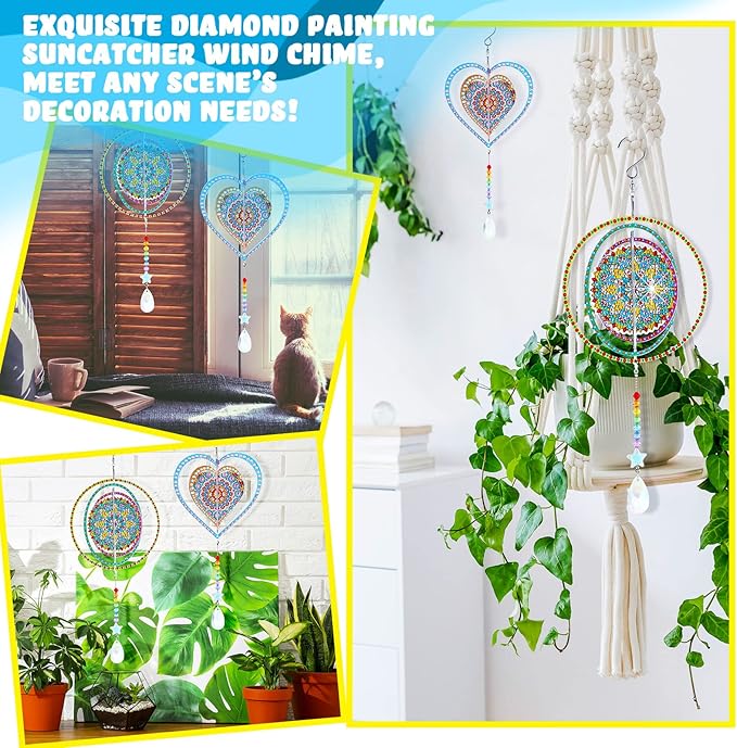 Queekay 2 Pieces 3D Diamond Painting Wind Chime Diamond Art Suncatcher Kits Three Dimensional by Number Hanging Ornament Double Sided Crystal Suncatcher Window Decor for Home Wall Garden(Heart)