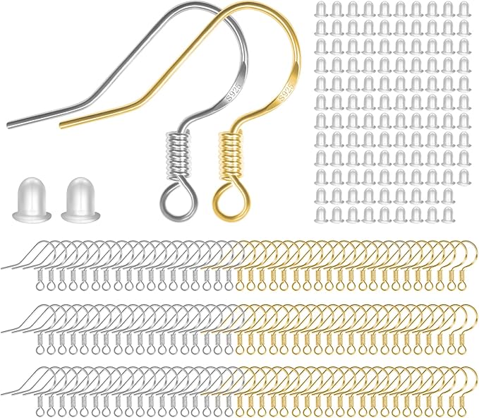 menkey 925 sterling mixed earring hooks 120 pcs/60 pairs hypoallergenic ear wires fish hooks for jewelry making, jewelry findings parts with 120 pcs rubber earring backs stopper for diy earrings