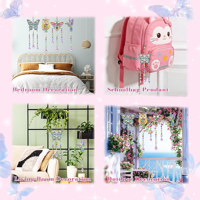 4pcs Diamond Painting Kit for Kids Ages 8-12, Birthday Gifts for 6 7 8 9 10 11 Year Old Girls Diamond Art Kits Crafts for Teen/Adults Wind Chimes Crystal Window Suncatcher for Home Garden Decor