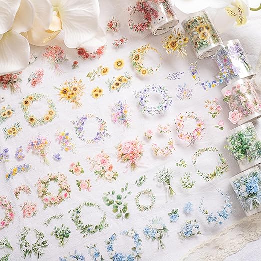 PET Tape Stickers for Journaling 6 Rolls Pre-Cut Flower Washi Tape Stickers Decorative Tape for Crafts Scrapbooking Junk Journal Supplies, Wreath of Letters