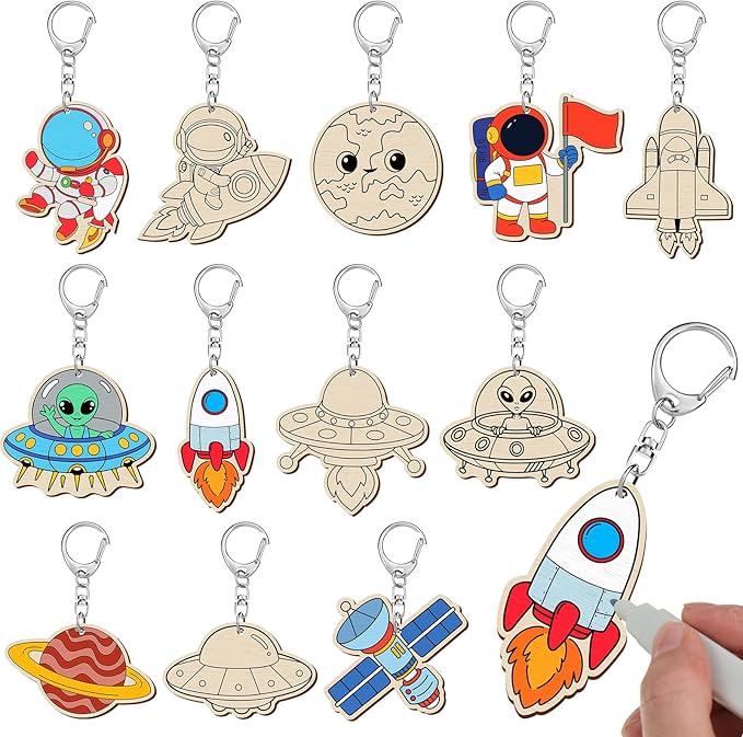 Trnayi 36 Pcs Outer Space Party Favors Unfinished Wooden Keychains Color Your Own Space Astronaut Star Planet Alien UFO DIY Wood Crafts Blank Wood Painting Crafts for Birthday Arts Gifts