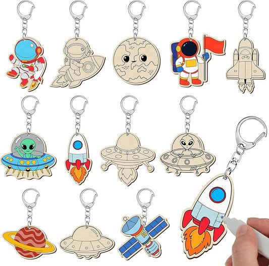 Trnayi 36 Pcs Outer Space Party Favors Unfinished Wooden Keychains Color Your Own Space Astronaut Star Planet Alien UFO DIY Wood Crafts Blank Wood Painting Crafts for Birthday Arts Gifts