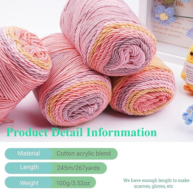 Ombre Cake Yarn for Crocheting 4PCS Gradient Yarn Cake-4x100g 45% Cotton 55% Acrylic Rainbow Cotton Yarn for Knitting,Shawls,Blankets,Scarves,Garments(Pink W/Yellow)