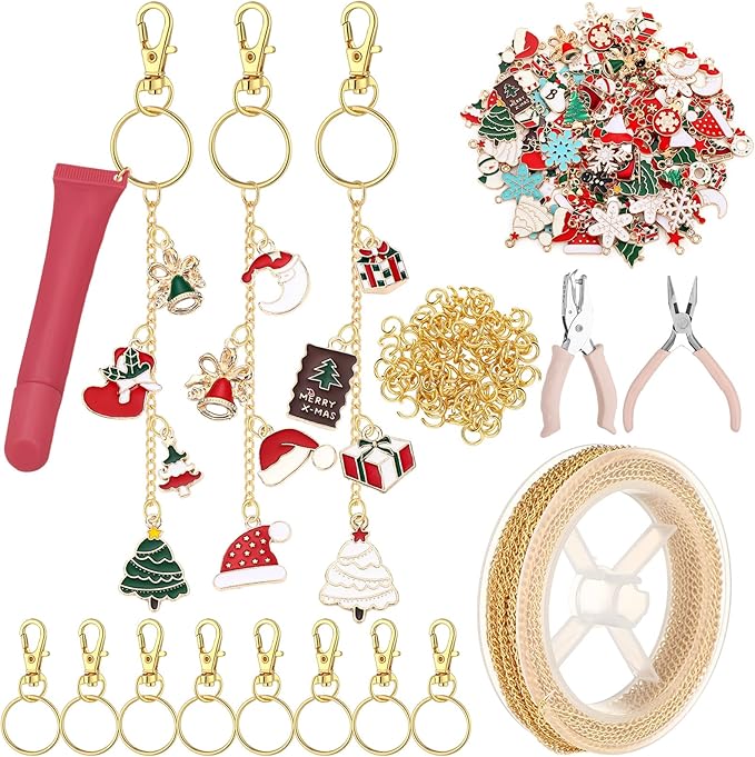VioraWhite 213 Pcs Christmas Theme Lip Gloss Keychain Making Kit 100 Pink Enamel Charms 32.81 ft Gold Chains for DIY Crafts Women