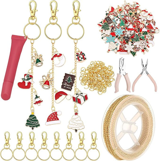 VioraWhite 213 Pcs Christmas Theme Lip Gloss Keychain Making Kit 100 Pink Enamel Charms 32.81 ft Gold Chains for DIY Crafts Women