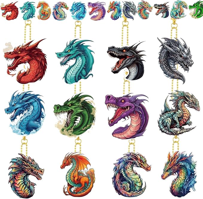 12 Pcs Dragon Diamond Keychains Kit DIY Cute Dragon Diamond Keychains for Beginners Adults Art Craft Supplies Christmas Holiday Gift