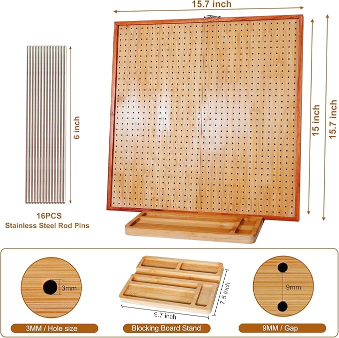 HHSarioneiro 15.6" Crochet Blocking Board with 16 Pins/Pegs, Blocking Boards for Crochet Projects, Wooden Crocheting Accessories Gifts for Crocheters