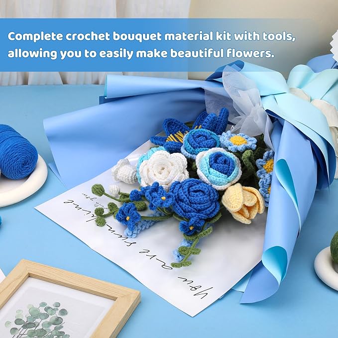 Iuuidu Crochet Kit, Flower Bouquet Crochet Kit for Beginners, Crochet Bouquet Kit Rose with Step-by-Step Video Tutorials for Lover Anniversary Birthday Wedding Home Decor (Blue)