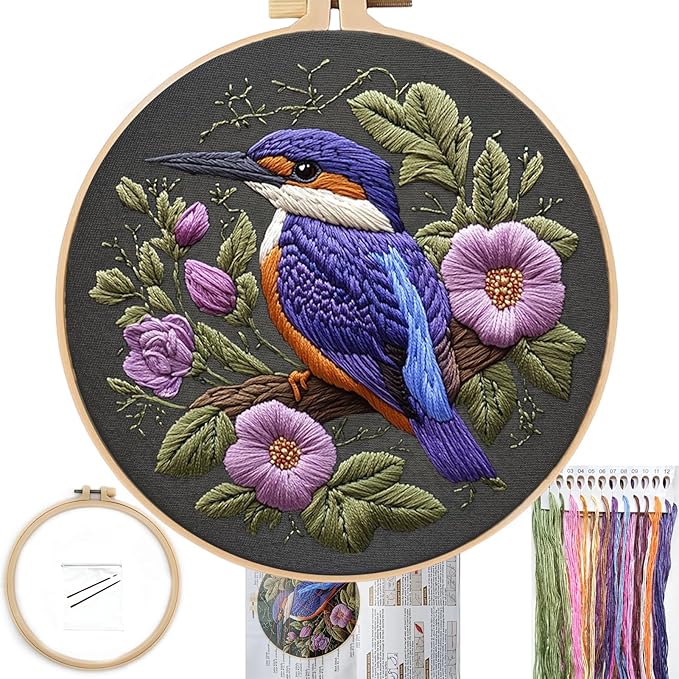 fonnuy embroidery kit for beginners, birds with flowers pre-stamped pattern kits for adults with hoop, easy to follow color thread needlework, 8'' hoop (purple 1)