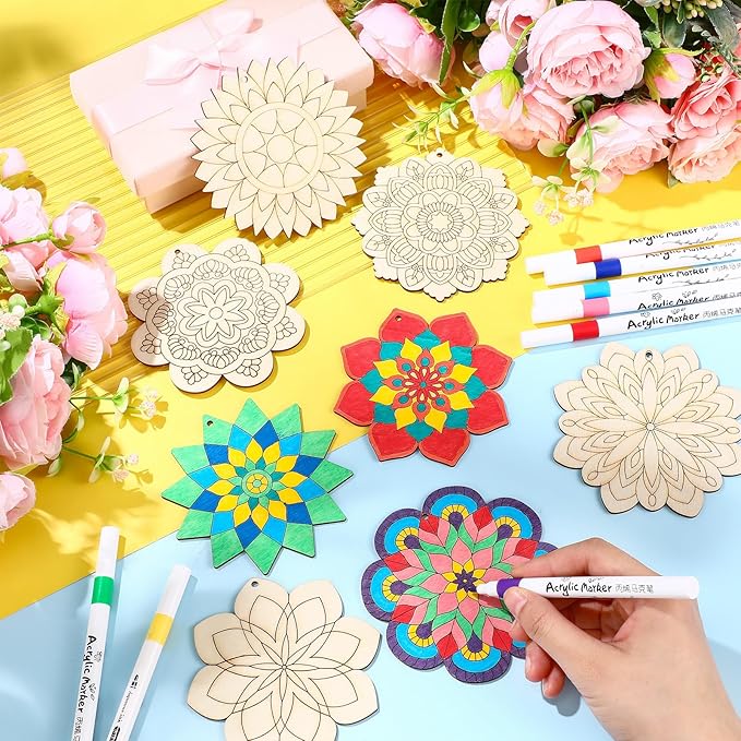 Blosssound 40 Pcs Unfinished Wood Mandala to Paint Wooden Mandala Painting Crafts Diwali Art Slices for Adult to Relax Painting DIY Crafts Ornament Wedding Home Decorations, 4 Inch(Elegant)