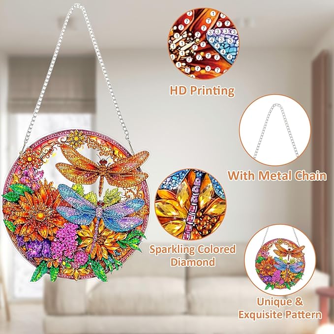 SENQAO Dragonfly Diamond Art Hanging Kit for Adult, Special Shaped Rhinestone, DIY Acrylic 5D Diamond Art Painting Window Pendants Home Garden Wall Hanging Kits Hanging Ornament