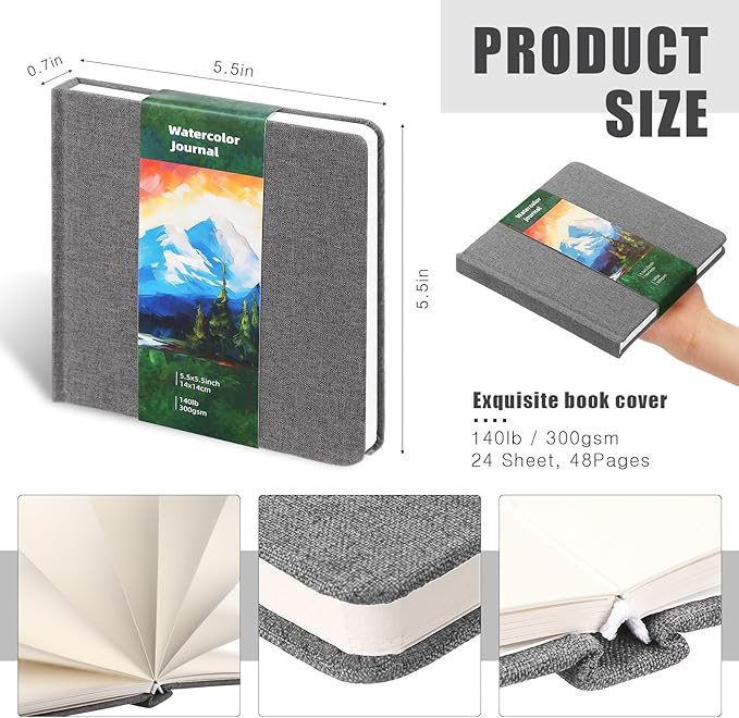 Dispowreath 5.5 x 5.5 in Watercolor Sketchbook Journal Square Watercolor Notebook Cold Press 140lb 300gsm Cotton Paper 48 Pages Journals Notebook Paper Pads(Gray)