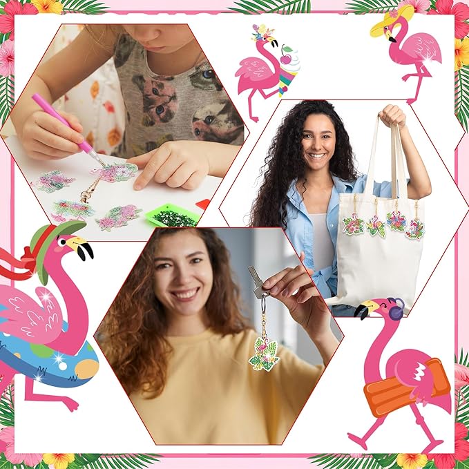 Huquary 30 Pcs Summer Diamond Painting Keychains Animals Flamingo Diamond Art Kit 5d Double Sided Diamonds Hanging Keychains for Adult Beginner DIY Crafts Party Gift