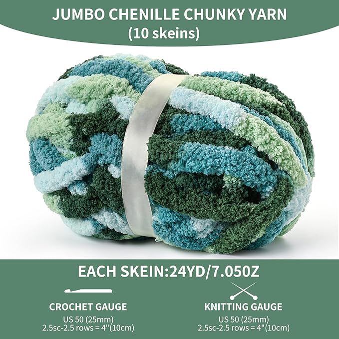 10 Pack Jumbo Chunky Yarn for Hand Knitting, Fluffy Variegated Chunky Chenille Yarn for Crocheting, 240yds/70.5oz Super Bulky Soft Crochet Baby Blanket Yarn(Tea-Mint-Green)