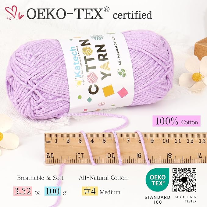 Katech 1OO% Cotton Yarn for Crocheting & Knitting-4 Pack of 100g/3.52 oz-4 Medium (Worsted) Cotton Crochet Yarn-Soft & Breathable-Ideal for Dishcloths, Baby Clothes, Potholders & Summer Projects(F)