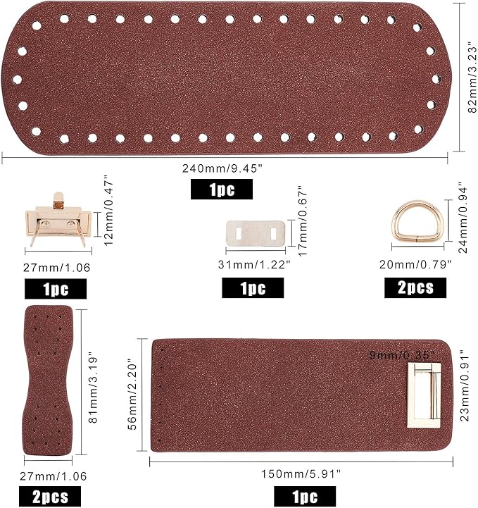 PandaHall DIY PU Leather Bag Knitting Set, Leather Bag Bottom/26 inch Shoulder Strap/Bags Twist Lock/Flap Cover/Bag Buckles for Crochet Handbag Tote Shoulder Bags, Brown(7 Kinds of Accessories)