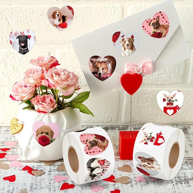 beyumi valentine realistic dog sticker - 1000pcs valentine's day realistic dog stickers in 2 rolls for kids valentine animal heart waterproof decal greeting card envelope scrapbooking party gift decor