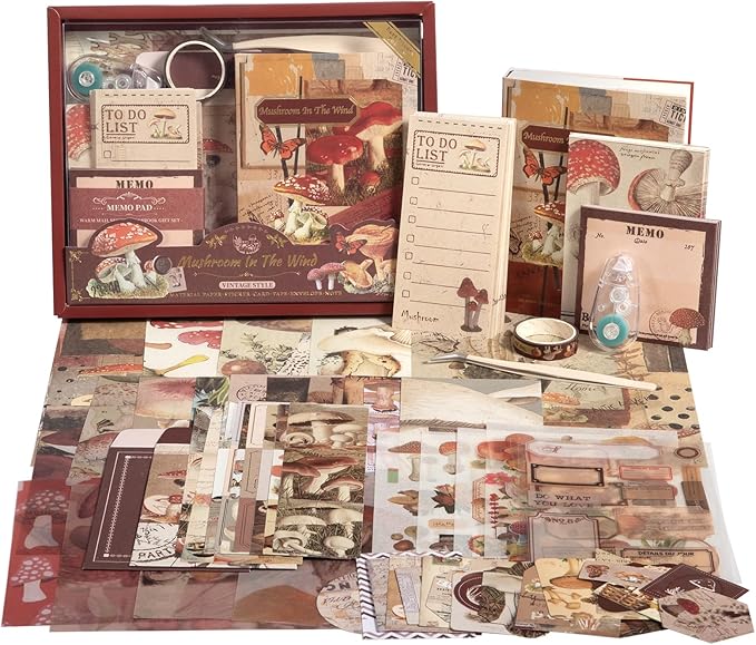 Scrapbook Photo Album Supplies Kit with Tweezers and Glue Tape – Vintage Aesthetic Junk Journaling Set, Scrapbooking Paper, Sticker Pack, Notebook, Stationery Kit, Gift for Adults Teens (Mushroom)
