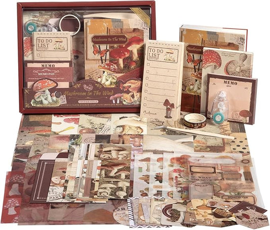 Scrapbook Photo Album Supplies Kit with Tweezers and Glue Tape – Vintage Aesthetic Junk Journaling Set, Scrapbooking Paper, Sticker Pack, Notebook, Stationery Kit, Gift for Adults Teens (Mushroom)
