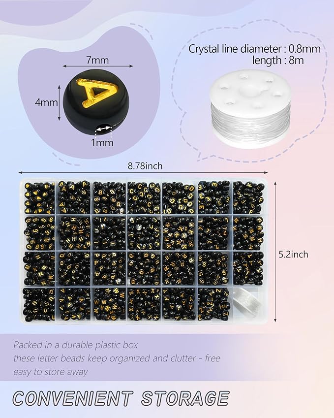 Looconi 1400pcs 4x7mm Black Letter Beads Round Acrylic with Gold Alphabet A-Z Heart Pattern Beads and Crystal Line for Jewelry Making (Black&Gold)