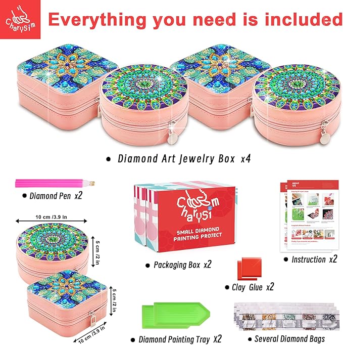 CharySim 4 PC Diamond Art Jewelry Boxes Kits for Adults Women Easter Gifts with Painting Gem Dots Crafts Kits for Birthday Gift (Blue&Blue)