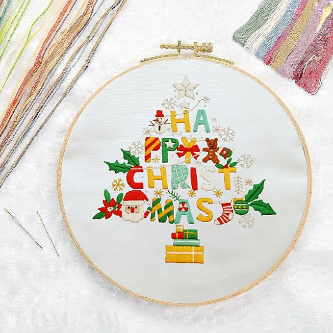Canvas Tote Bag Embroidery Kit with Pattern for Beginners, Arts and DIY Embroidery Crafts Kits for Adults, Instructions, Thimble, Embroidery Hoops, Color Threads (Beige, CR002 Christmas Tree)