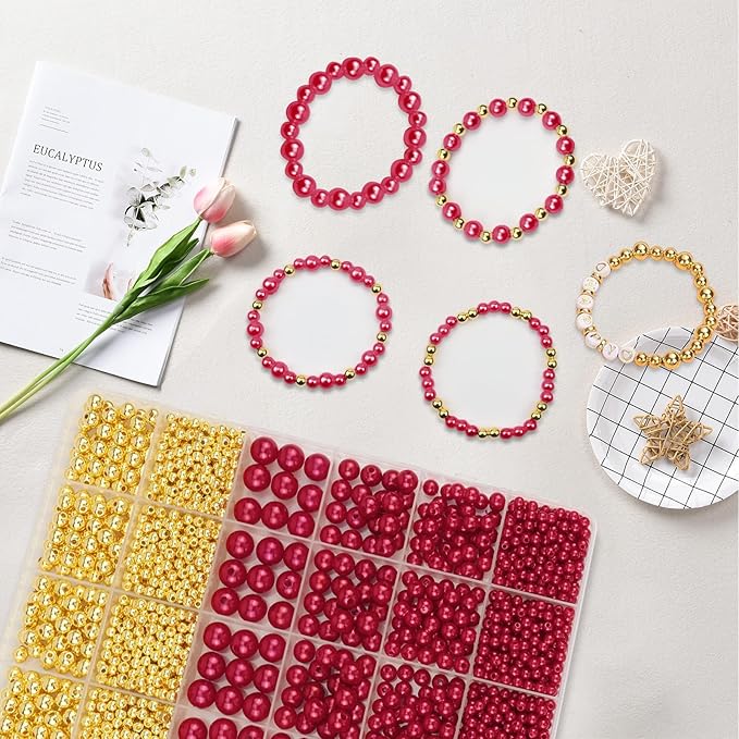 2116 PCS Pearl Beads for Bracelet Making Kit Gold Beads for Jewelry Making Kit Gold Small Spacer Bead Dark Red Pearl Bead for Crafting Charms Necklace Earrings DIY Craft for Women Adult