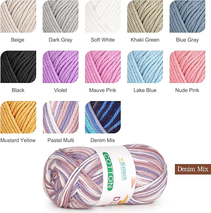 Katech Pure Cotton Yarn for Crocheting & Knitting–Soft Sport Weight CYC #2, 6 Skeins (50g Each, 300g Total), Ideal Crochet Yarn for Dishcloths, Baby Clothes, Socks, Lightweight Scarves(Pastel Multi)