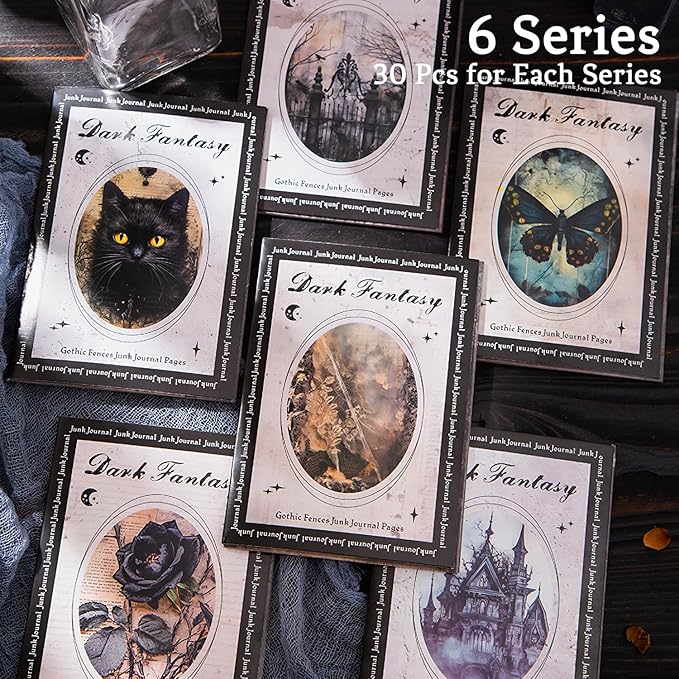 180Pcs Dark Fantasy Scrapbook Paper, Vintage Gothic Journal Ephemera Pack, Junk Journal Supplies for Scrapbooking Kit, with Glue Tape