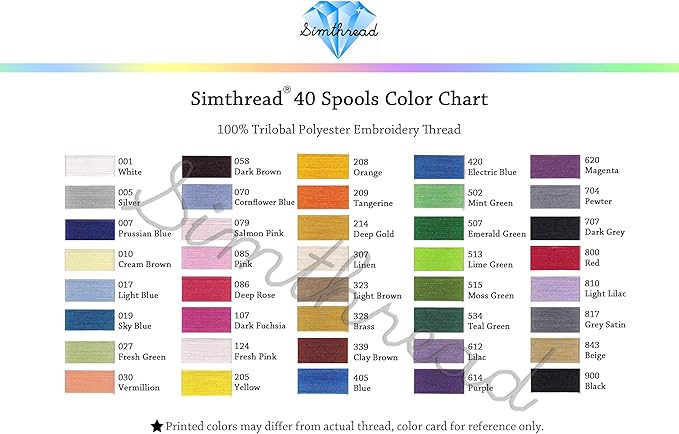 Simthread 40 Colors 1100Y(1000M) Machine Embroidery Thread Big Spool Polyester Bright and Beautiful Colors for Brother Babylock Janome Singer Pfaff Husqvarna Bernina Machines