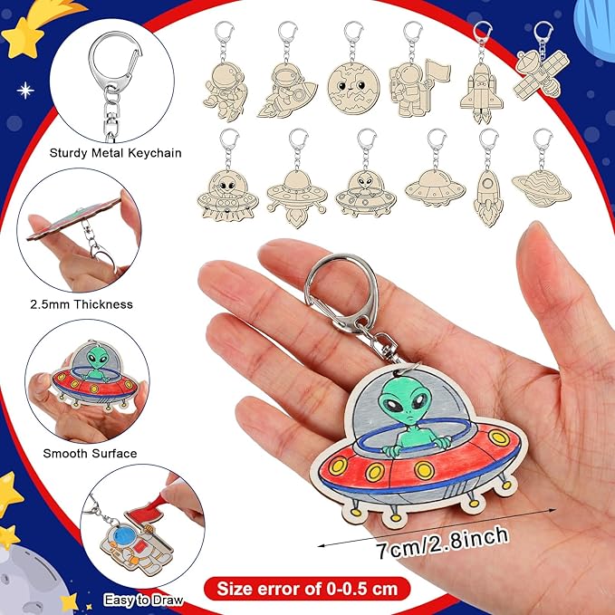 Trnayi 36 Pcs Outer Space Party Favors Unfinished Wooden Keychains Color Your Own Space Astronaut Star Planet Alien UFO DIY Wood Crafts Blank Wood Painting Crafts for Birthday Arts Gifts