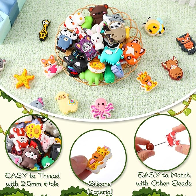 VioraWhite 48 Pcs Animals Silicone Focal Beads for Beaded Pens Animals Silicone Beads Charm Keychain Lanyard Kit for Beadable Items Keychains Bracelet Necklace DIY Jewelry Making