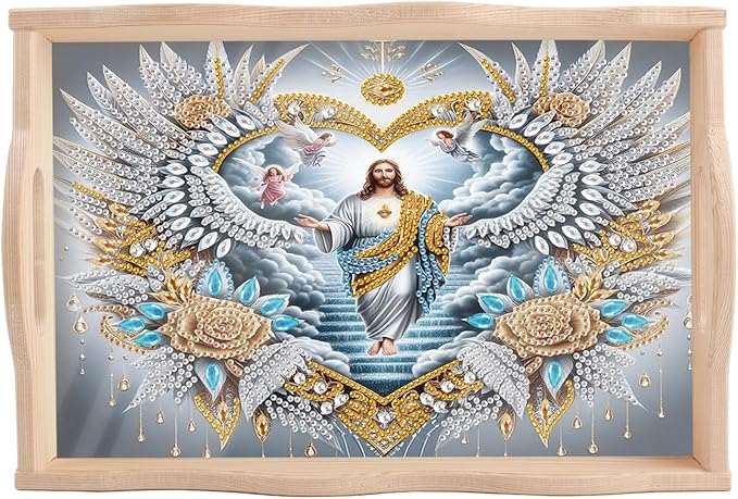 DIY Diamond Art Tray with Handle Diamond Art Painting Plate Creative Design Handmade Wooden Tray Mosaic Making Kits by Number Kits Diamond Art for Coffee Living Room Home Organizer (Jesus Christ)