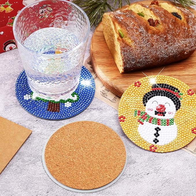 UPINS 8Pcs Christmas Diamond Art Painting Coasters with Holder for Drinks DIY Life Coaster Diamond Art Kits for Adults Kids Beginners Diamond Art Craft Supplies