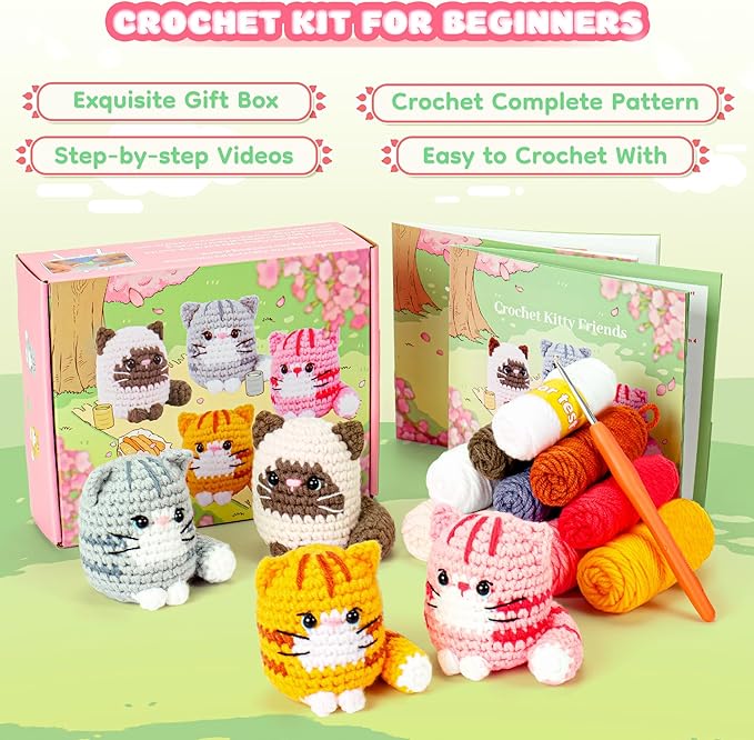 Crochet Kit for Beginners -4 PCS Cat Crochet Kit with Step-by-Step Video Tutorials, Learn to Crochet Kits for Adults, Beginner Crochet Kits for Adults, Animals Cat Crafts Knitting Kit Galentines Gifts
