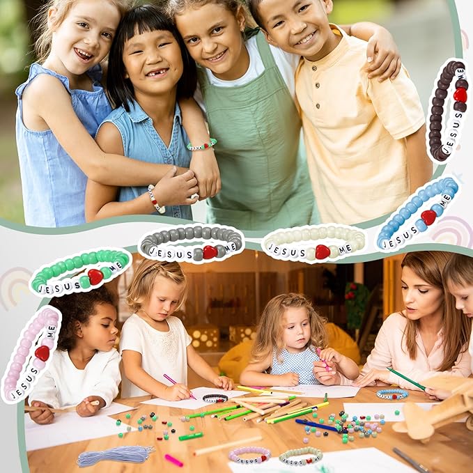 Ferreve 35 Sets Easter Morandi Religious Bead Wristband Craft Kit Jesus Love Me Faith DIY Bead Craft Kit Letter Charms for VBS Week Sunday School Christian Bible Verse Gifts Making