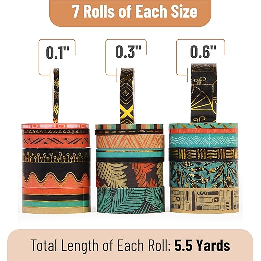 Mr. Pen- Washi Tape Set, 21 Rolls, Ethnic Elegance Design, Decorative With Measure Tape, Scrapbook Washi for Journaling, Craft