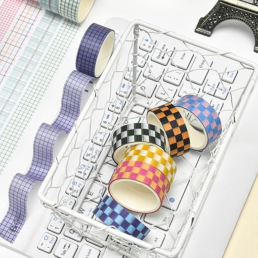 12 Rolls Grid Washi Tape Set Plaid Arts Adhesive Tapes Basic Patterns Decorative Masking Tape Sets for Craft, Kids, Scrapbook, DIY, Gift Wrapping (Style Two)