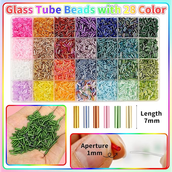 Tube Beads Kit, 7 mm Glass Tube Seed Beads 28 Colored Bugle Embroidery Beads Supplies for DIY Crafting Bracelet Necklaces Jewelry Gift Making & Home Decoration
