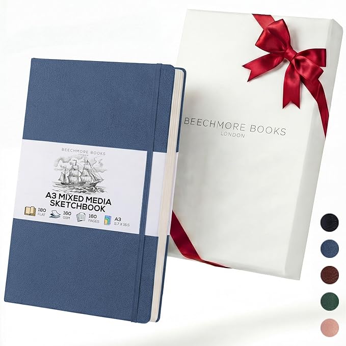 Beechmore Books A3 Mixed Media Sketchbook - 11.7x16.5 Extra Large Professional Studio Drawing Pad, 160 GSM / 98 lb Perforated Ivory Paper, Hardcover Lay-Flat Design, Gift Box for Artists & Watercolor