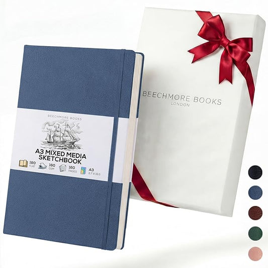 Beechmore Books A3 Mixed Media Sketchbook - 11.7x16.5 Extra Large Professional Studio Drawing Pad, 160 GSM / 98 lb Perforated Ivory Paper, Hardcover Lay-Flat Design, Gift Box for Artists & Watercolor