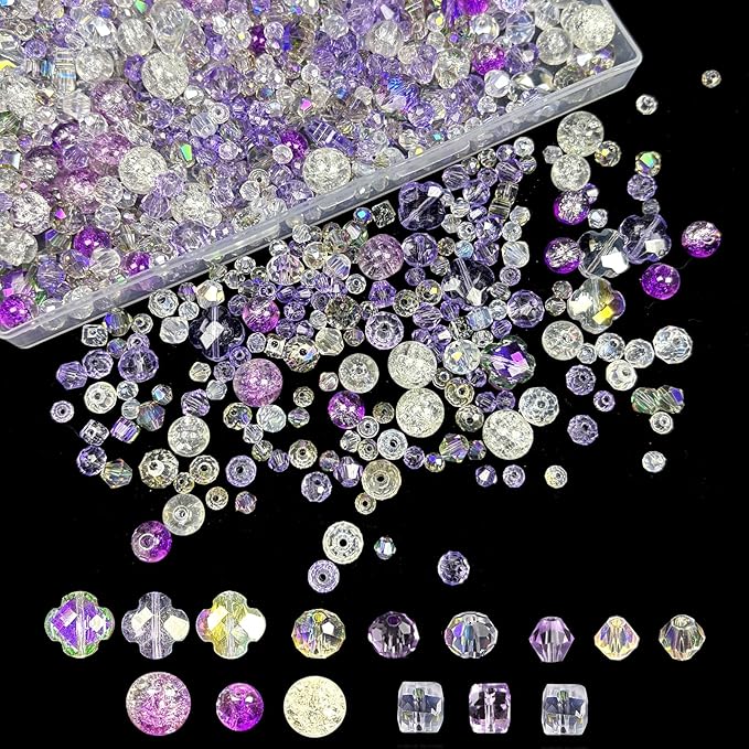 1000Pcs Glass Beads for Jewelry Making Crystal Beads for Bracelet Craft Necklace Earring Making Assorted Color 5 Style/Crackle Round/Briolette Faceted/Bicone/Cube/Four-Leaf Clover / 4 Size