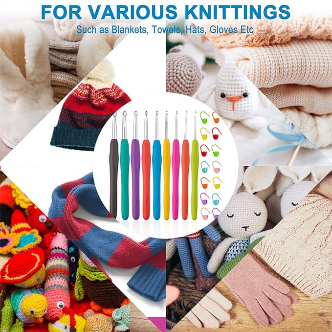 vodiye 23 pcs crochet hooks, ergonomic handle crochet hooks set for arthritic hands, comfortable smooth crochet needles extra long  knitting needles with stitch markers, rubber, multicolor